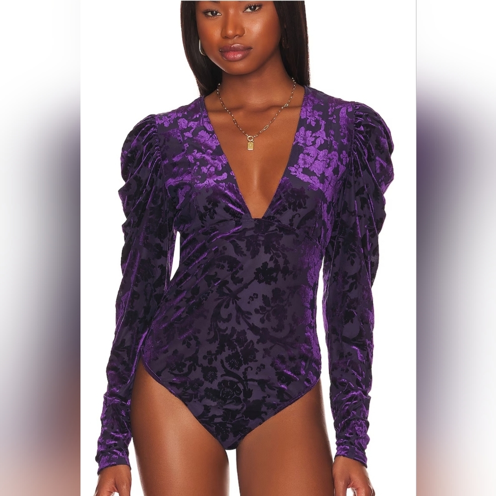 Free People Magic Hour Velvet Bodysuit in Deep Sea Combo Medium MSRP $98 FP108